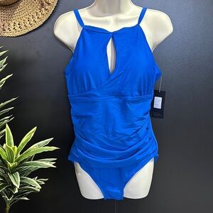 Kathy Ireland keyhole front high neck,ruched sides, padded one piece swimsuit
